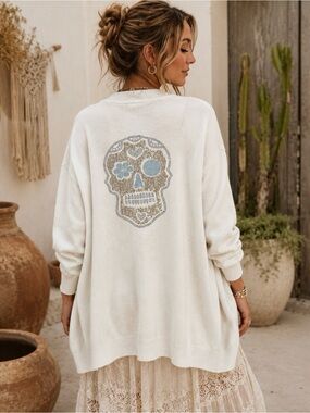 Venti6 Sequin Skull Motif Cardigan